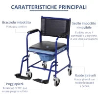 Sedia a Rotelle Bagno con Vaso Rimovibile in Tubi di Ferro e PVC 87 x 57 x 92cm
