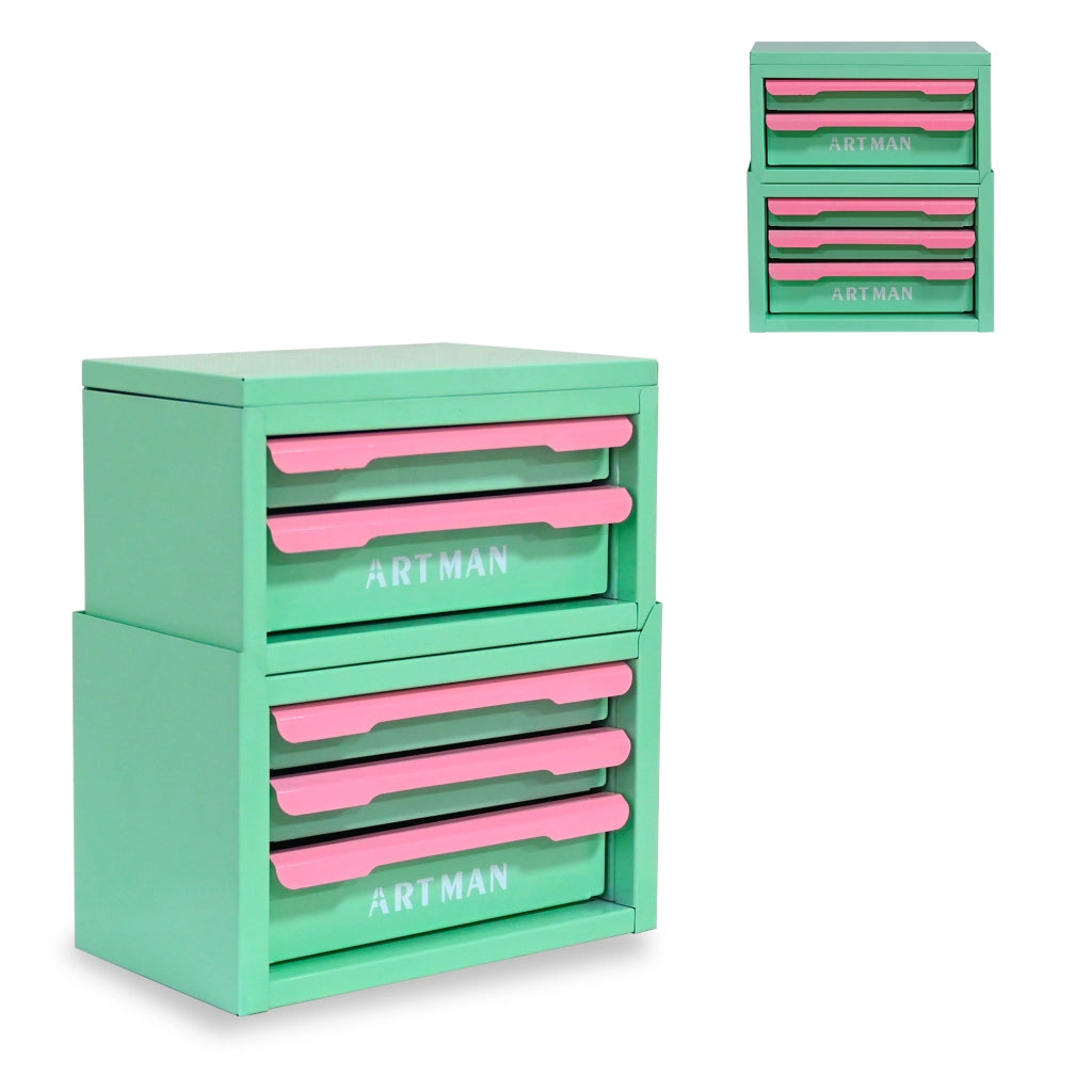 CASSETTIERA A 5 CASSETTI IN ACCIAIO VERDE E ROSA