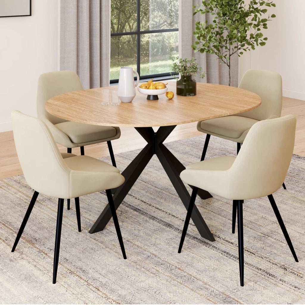 IDMarket - Set di tavolo da pranzo rotondo allungabile ALIX in legno e nero da 110-150 cm e 4 sedie in velluto beige THALYA