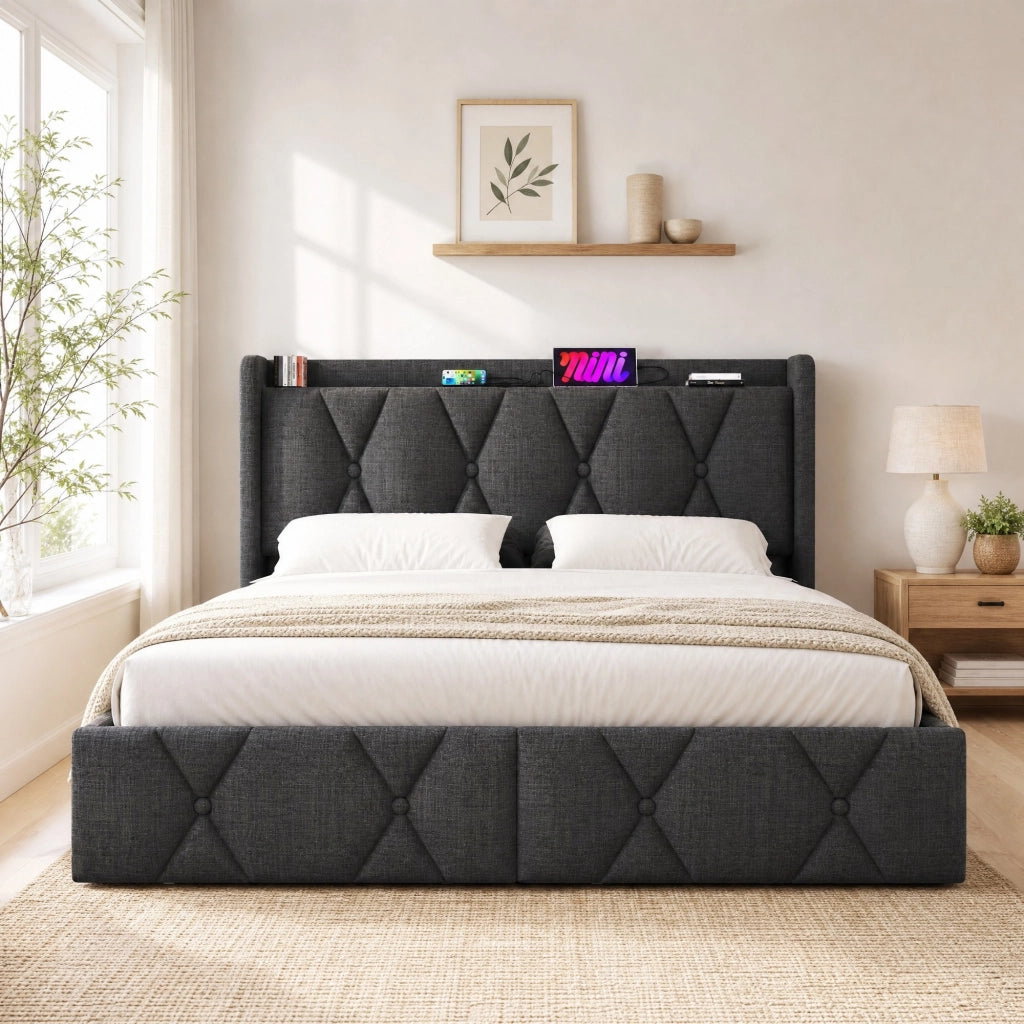 LETTO Contenitore 160x200 cm Grigio in lino con 4 cassetti