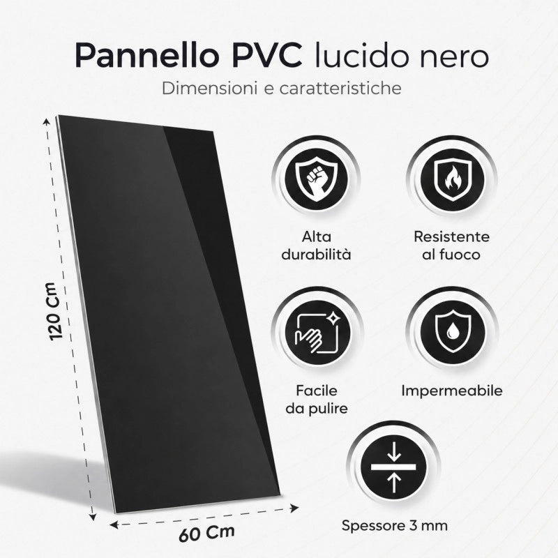 Pannelli decorativi parete effetto specchio nero fumé, rivestimento murale PVC UV lucido 120x60 set 6 pezzi - Divina Home