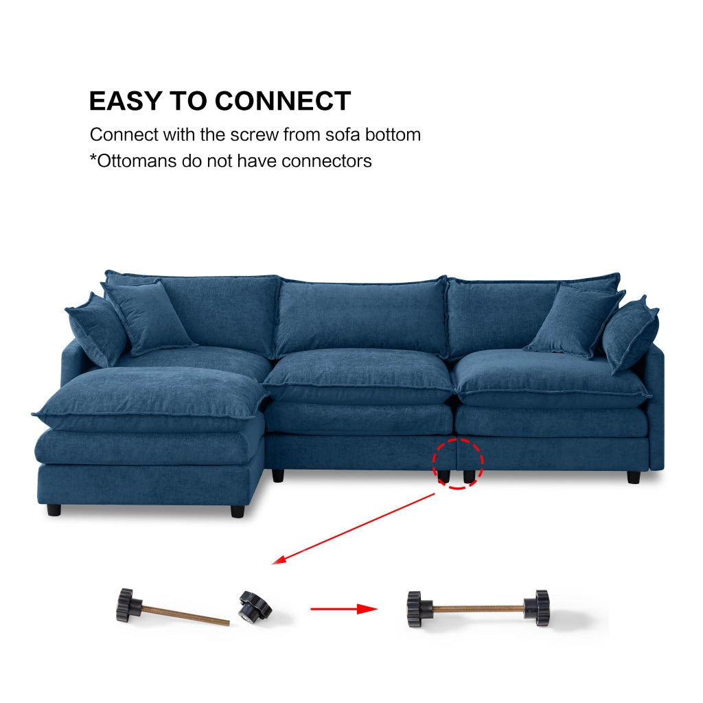 Divano modulare angolare a L con pouf mobile in chenille blu a 3 posti per soggiorno e lounge