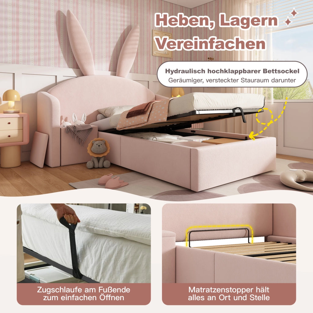 Letto imbottito con vano contenitore 90x200 cm velluto rosa