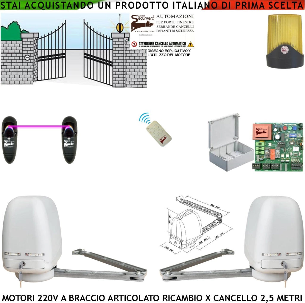 Cancello Elettrico 2 Motori a Braccio Articolato 220 V Spinta 250 NM per 2 Ante da da 0,5 a 2,5 Metri Centrale Radiocomando Fotocellule Faro Cartello Monitore