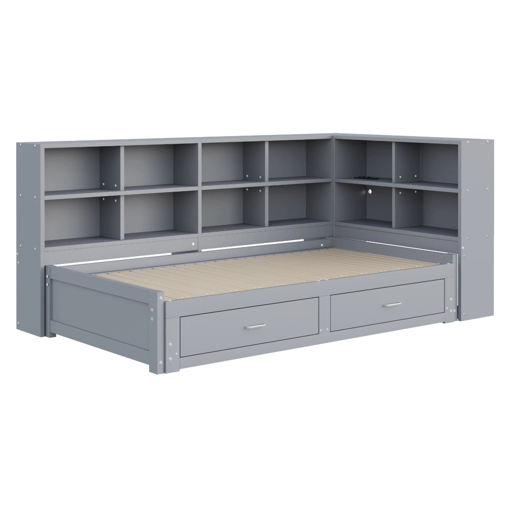 Letto singolo estraibile 90/180x190 cm con cassetti e prese multifunzione grigio