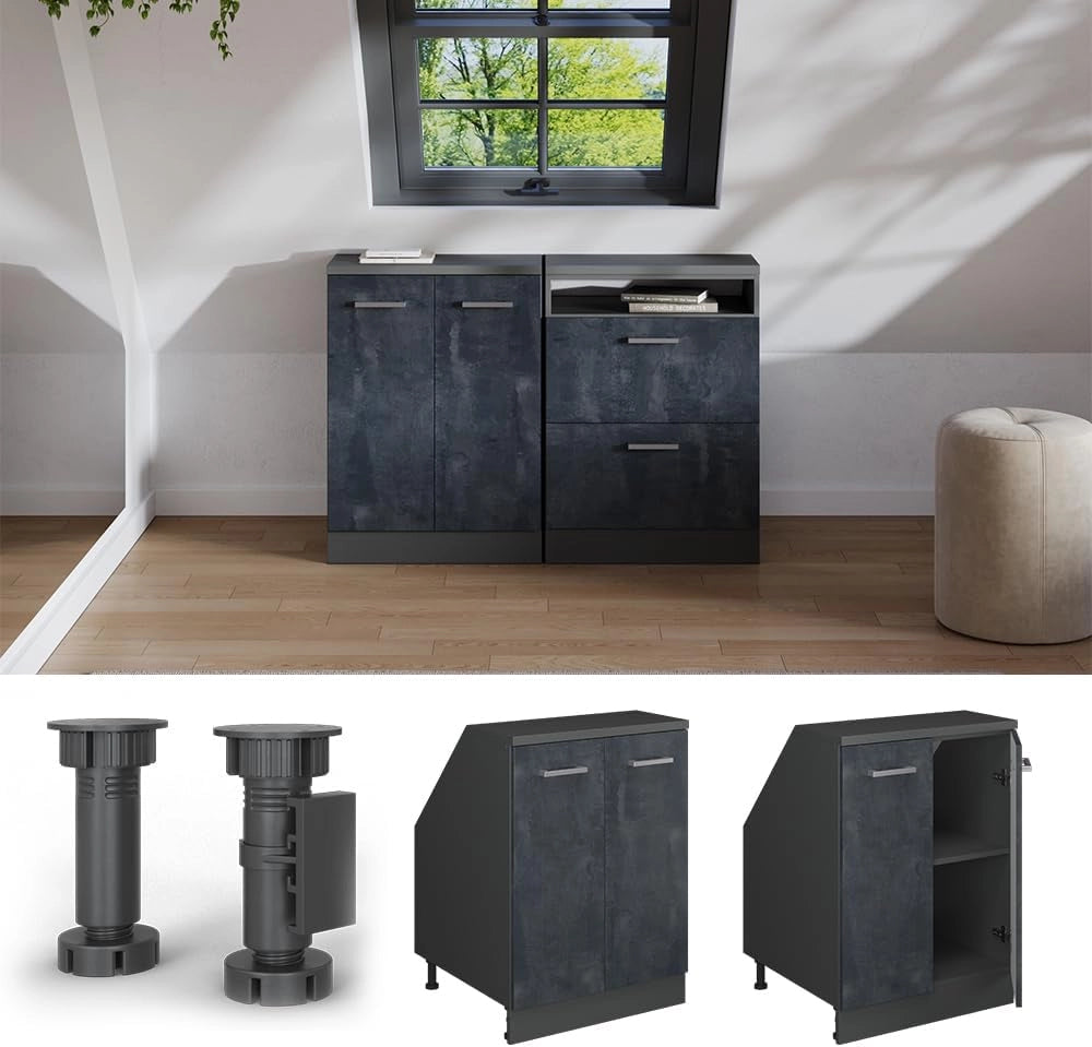 Mobile sottotetto Rion, Calcestruzzo nero, 60 x 81.6 cm con 2 porte, carcassa 60 cm profondità, adatto per il salvaspazio sotto tetti spioventi