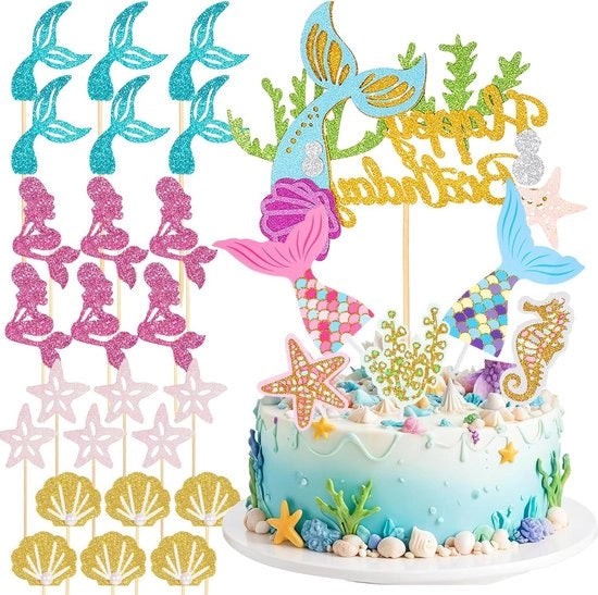 Decorazioni per torte da 30 pezzi con figurine di sirena e code glitter mini per abbellire torte per feste di tema mare, compleanni e matrimoni.