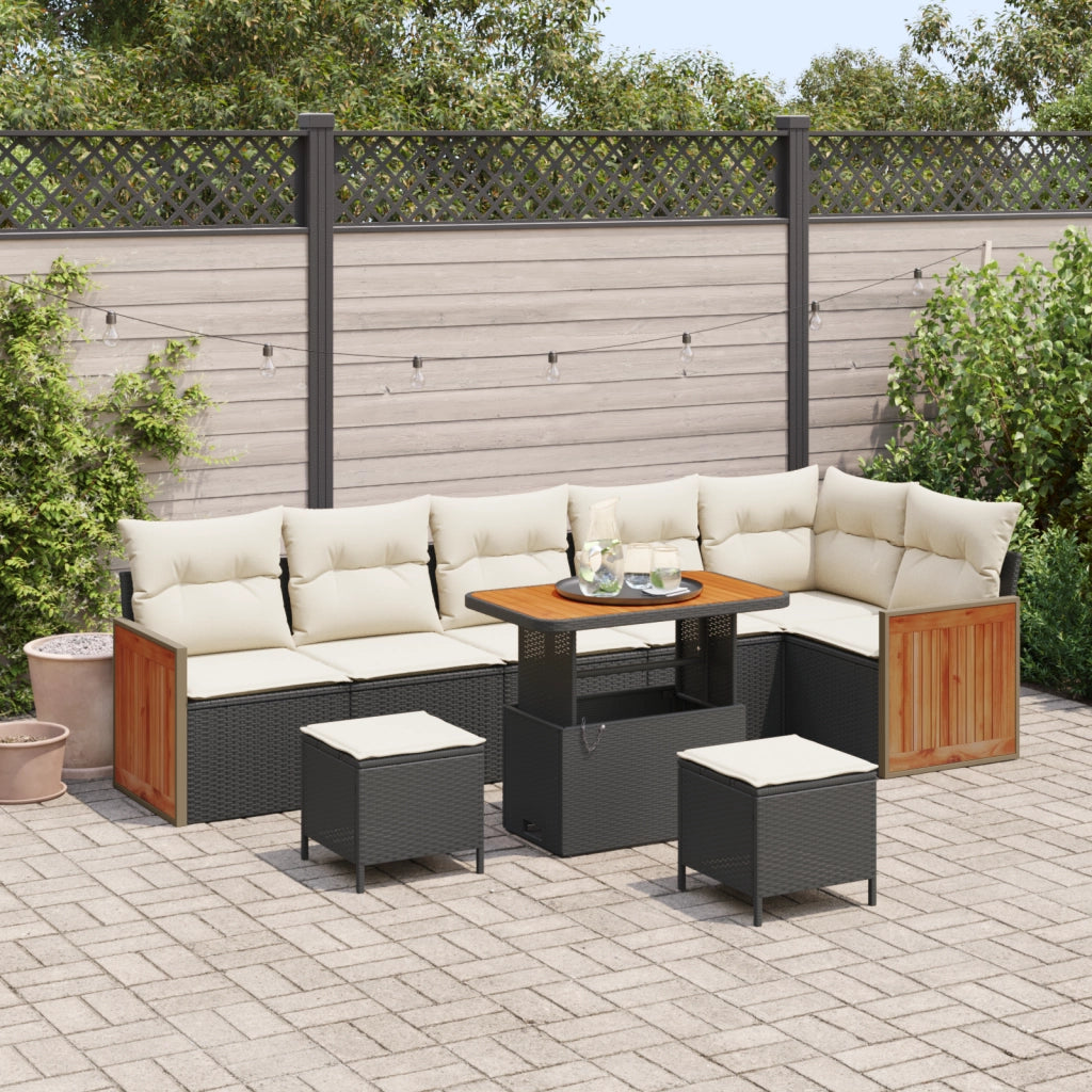 Set divani giardino  9 pezzi con cuscini Nero Polyrattan Acacia