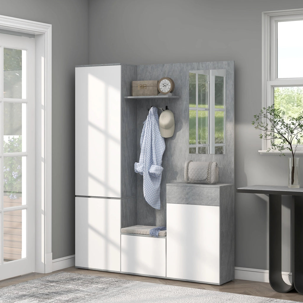 Mobile da Ingresso 4 in 1 con Specchio, Ganci e Ripiani Interni, in Legno, 145x29x184 cm, Grigio e Bianco