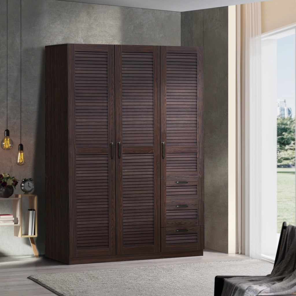 Armadio Guardaroba Finning con Ante a Persiana e Cassettiera 176 x 120 x 52 cm Effetto Noce Scuro [en.casa]