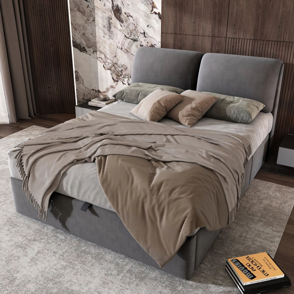 Letto matrimoniale 140x200 cm in velluto grigio con contenitore; 3 cassetti e testiera regolabile