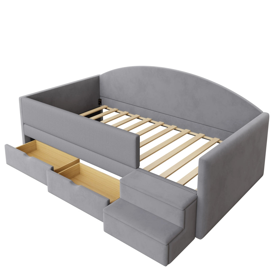 Letto per bambini 90 × 190 cm con 2 cassetti, sponde di sicurezza et gradini, senza materasso, velluto grigio chiaro