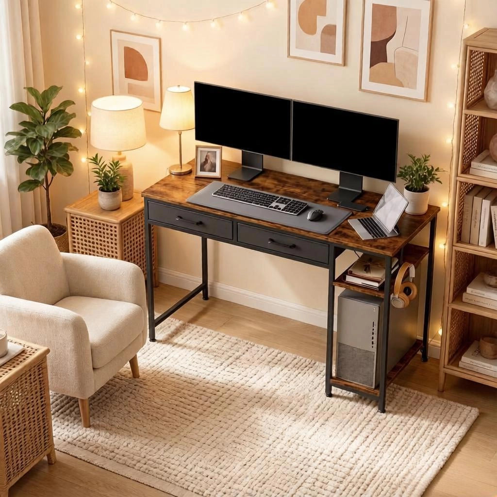 Scrivania con 2 cassetti, prese e porte USB, ripiano laterale, in legno ingegnerizzato e metallo marrone rustico
