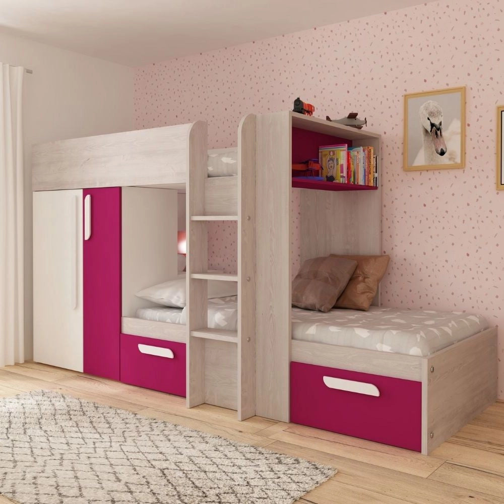 Letto a castello bianco consumato fucsia con armadio e cassetti 1298
