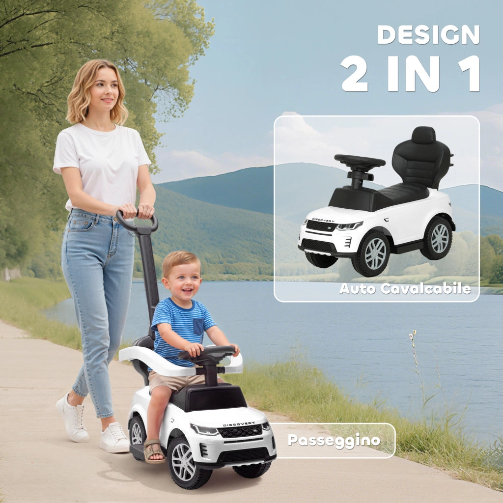 Macchina Cavalcabile Land Rover ¨C Xylo ¨C con Maniglia e Barriera, PP e Acciaio, Bianco