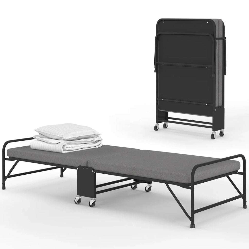 IDMarket - Letto supplementare in metallo pieghevole per 1 persona ZAK con base e materasso 70x190 cm grigio e nero