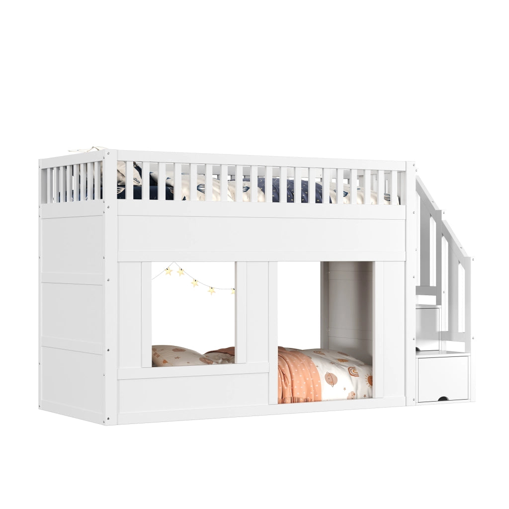 Letto a castello per bambini con scala armadio e area gioco, 90x200 cm, bianco
