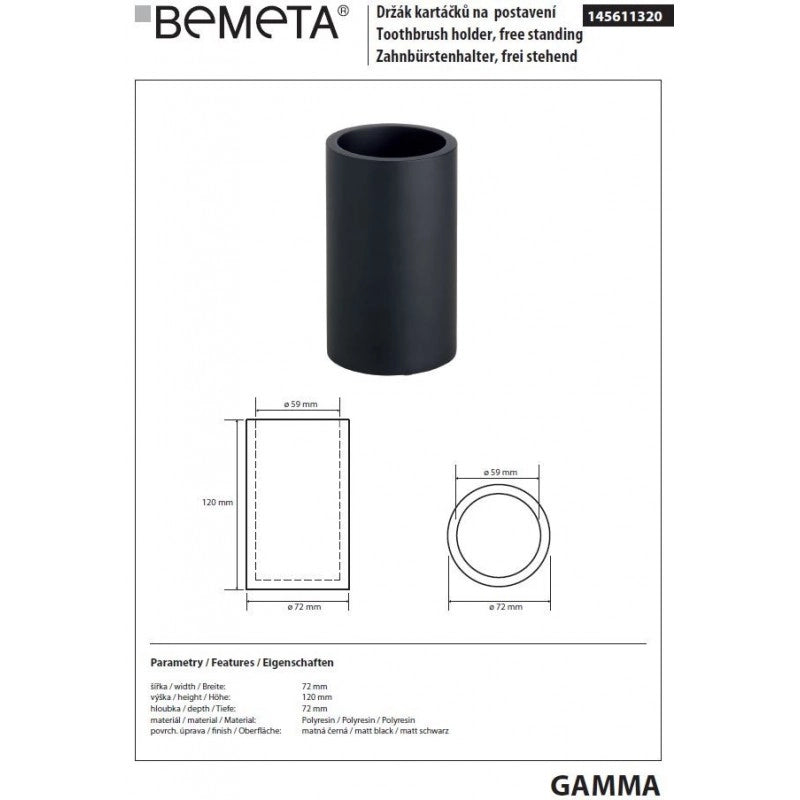 Portaspazzolino da tavolo GAMMA in resina nera opaca 12 x7,2 x7,2 cm