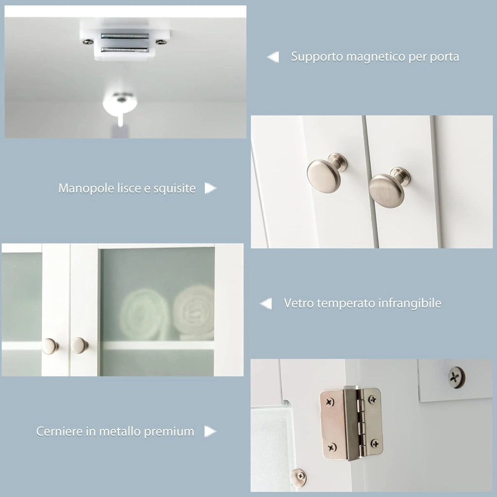 Armadietto del Bagno con 4 Ante, Armadietto con Ante di Vetro, Credenza di Legno con Mensole Regolabili, Organizer Multiuso per Casa Corridoio Salone Ufficio (Bianco)