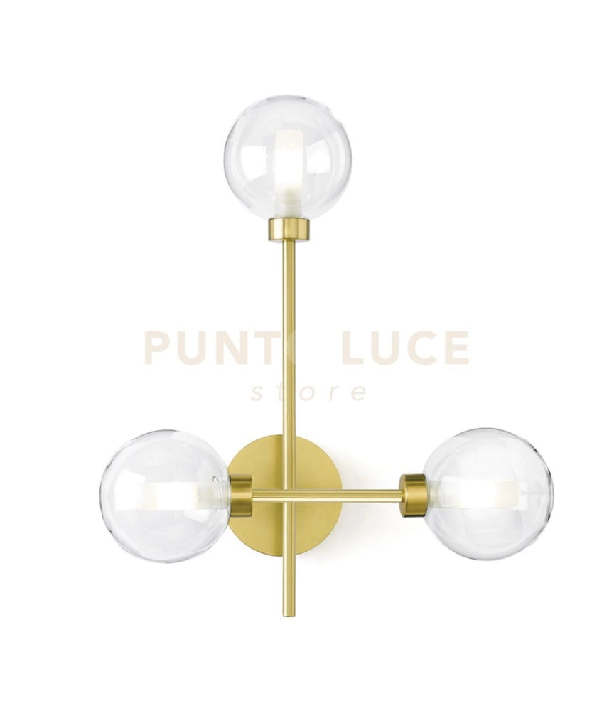 DOM APPLIQUE A PARETE  3 LUCI  VETRO TRASPARENTE CICLINDRO SATINATO MONTATURA ORO ATTACCO G9