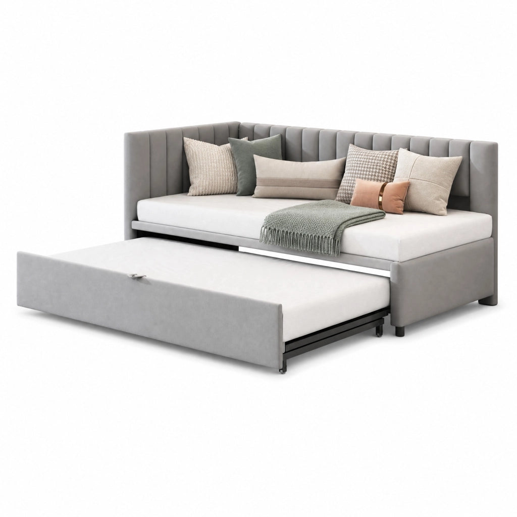 Divano letto angolare L con letto estraibile 90x200 cm in velluto grigio