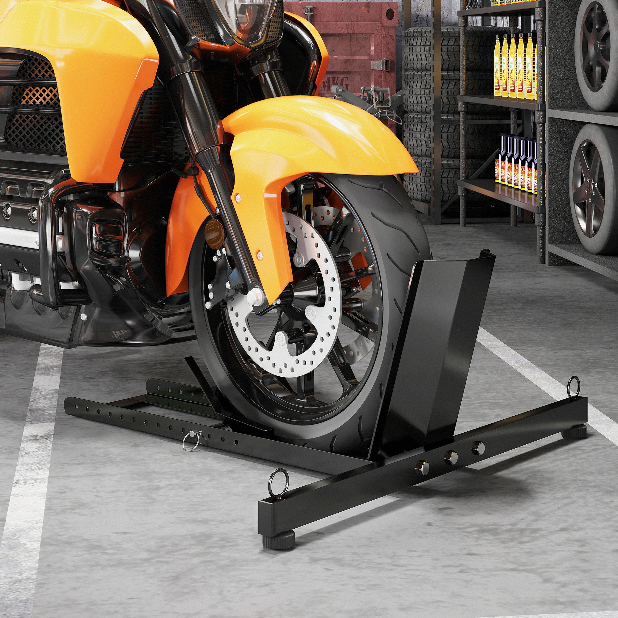 Cavalletto Bloccaruote per Moto Staffa Regolabile per Ruote Ø34-84 cm in Acciaio Nero