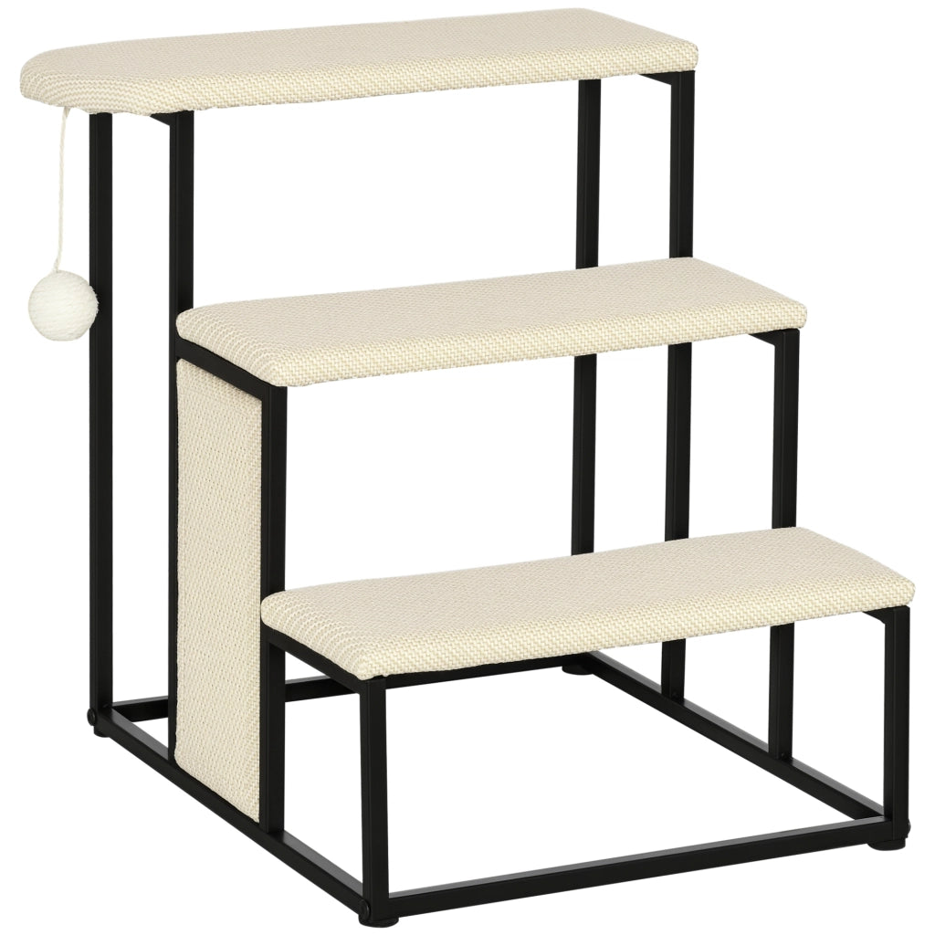 Scala per Gatti con 3 Gradini Palla Pendente Graffiatoio e Struttura in Acciaio ¨C zephmum ¨C 47x45x47 cm Crema e Nero