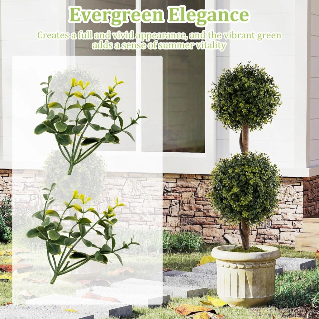 Set di 2 alberi artificiali Topiari di Bosso, piante finte con foglie realistiche in PE e tronco simulato, vaso di cemento e copertura di muschio, pianta per ingresso, soggiorno
