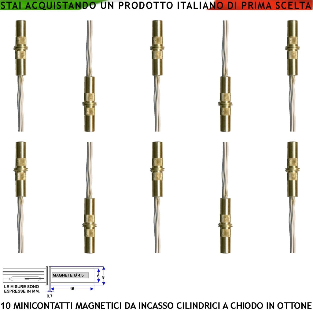 Micro Contatto Magnetico Ottone da Incasso Allarme Finestre Infissi 10 Pezzi Contatto Reed NC Sottovuoto Sensibilità Magnetica 10 mm Tensione Max 30 V Carico Resistivo 1 A IP65 4 Fili 2 NC e 2 Tamper
