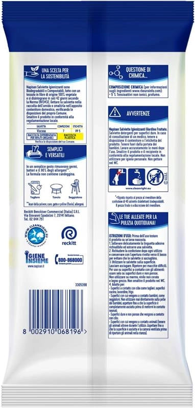 NAPISAN SALVIETTE IGIENIZZANTI MULTISUPERFICI GIARDINO FRUTTATO 1 CONFEIZIONE DA 50 SALVIETTE IGIENIZZANTI