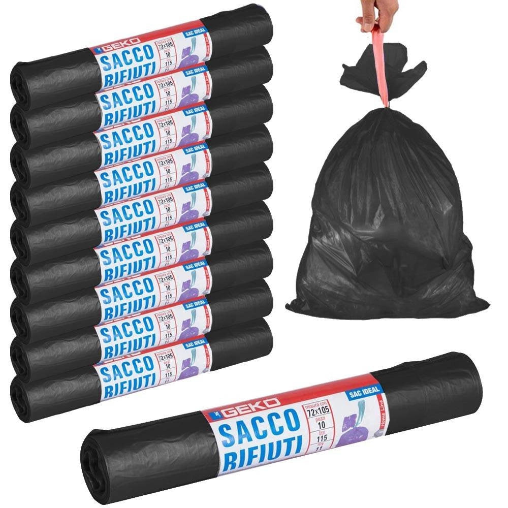 Trade Shop - Rotoli Sacchetti Buste Per Spazzatura 115lt 72x105cm Chiusura Con Laccetto Nero -