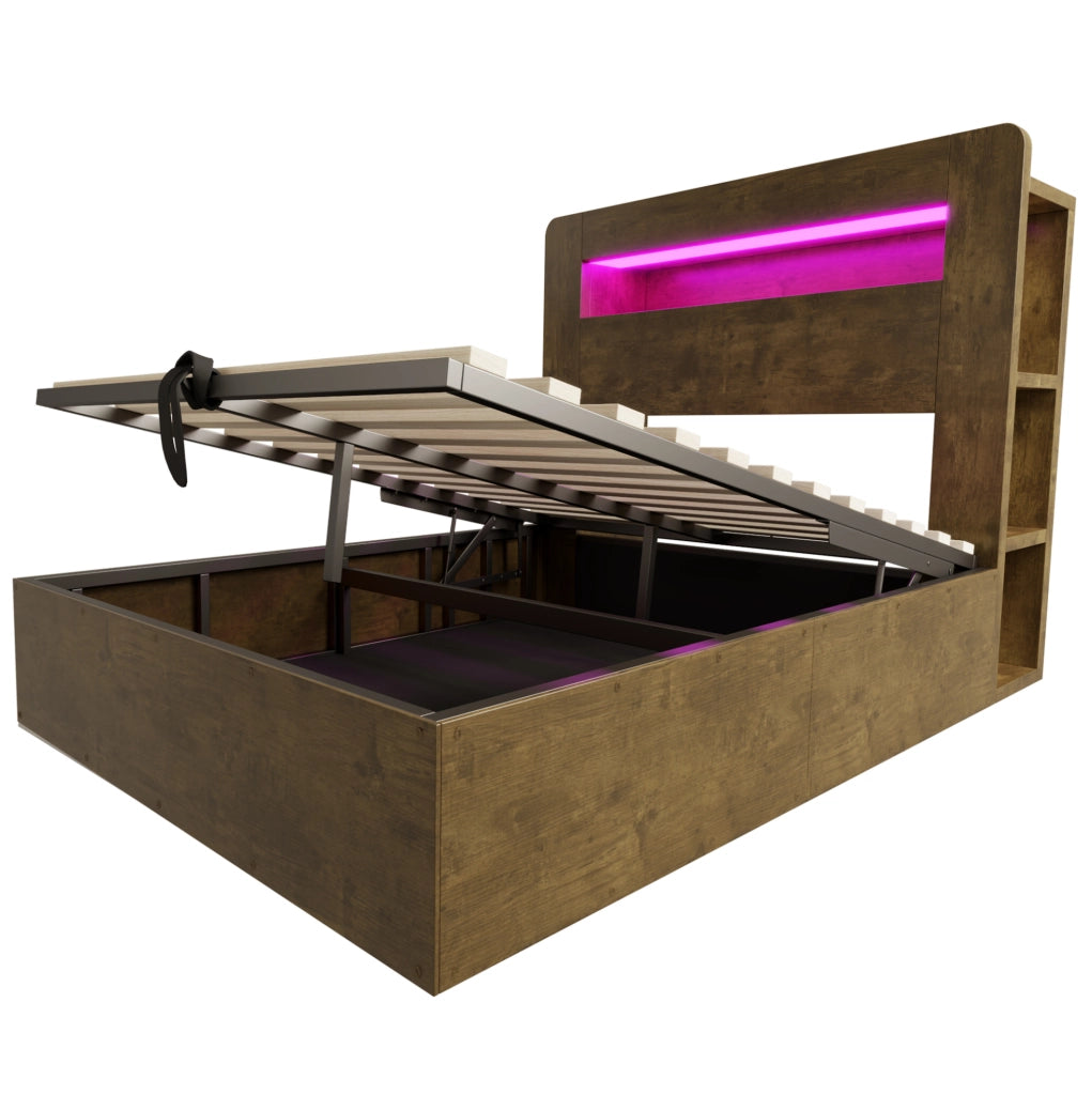 Letto 140x200 cm con contenitore idraulico, LED e prese in legno