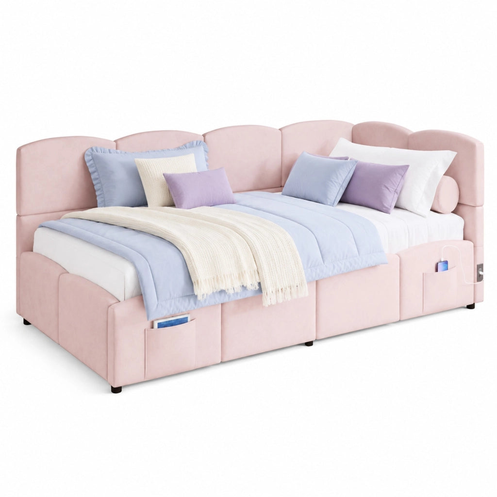 Divano letto contenitore 90x200 cm in velluto rosa con USB-A/USB-C, vano idraulico e tasche laterali