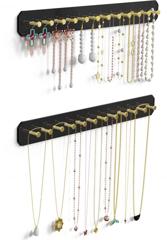 Kit di due cavi di sostegno in acciaio di carbonio per gioielli con ganci, supporto per catenelle, appendioggetti appeso per tavole da bagno, bagno, cucina, facile da montare (nero)