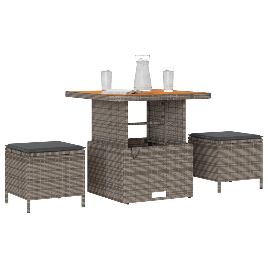 Set da Pranzo da Giardino in 3 Pezzi con Cuscini Grigio in Polyrattan e Acacia