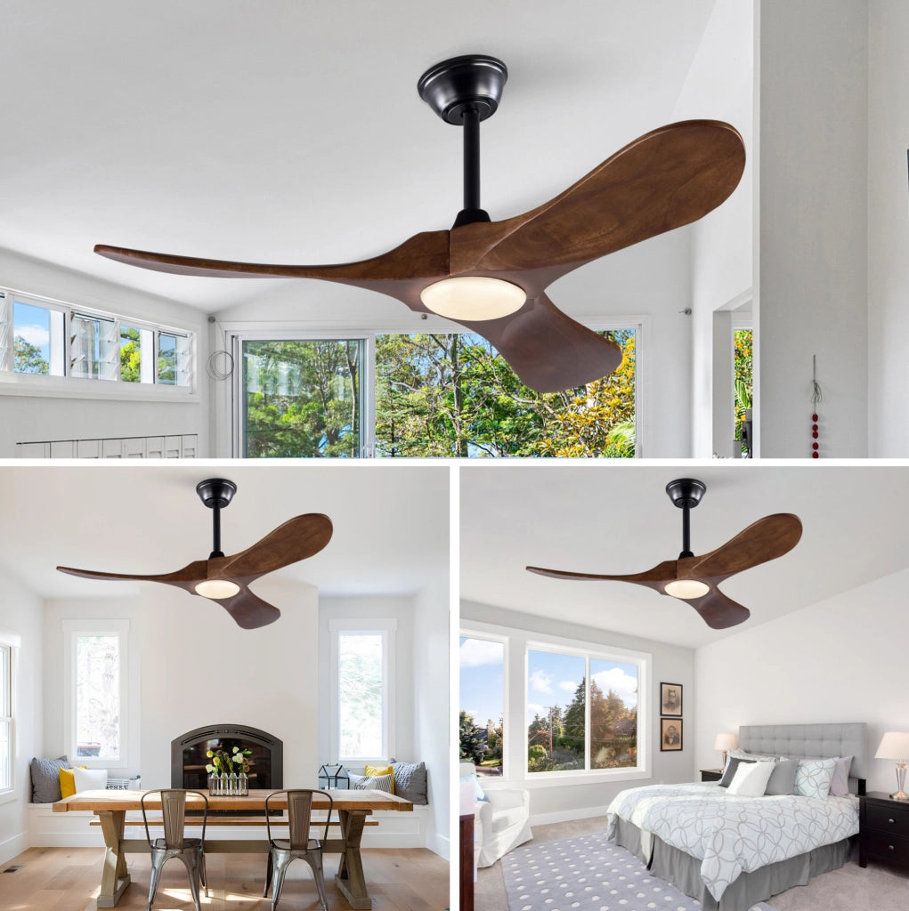 Ventilatore da soffitto con luce LED 42 pollici; 3 pale in legno massello noce; nero