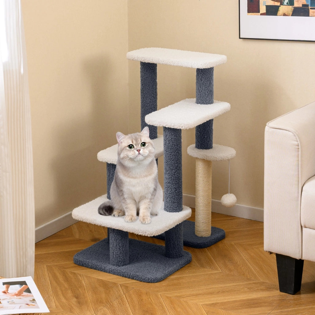 Scale per gatti torre 2-in-1 con gradini e tiragraffi in sisal, Scale torre a 4 gradini per gattini per letto alto-Alberi Tiragraffi