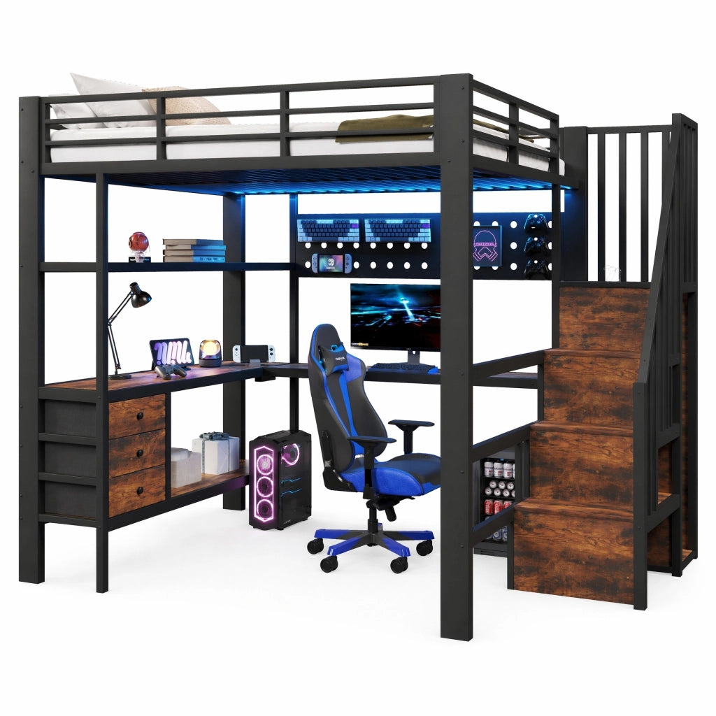 Letto a soppalco matrimoniale 140×200 cm con 3 cassetti; tavolo; LED e presa; senza materasso; metallo e mdf; nero