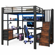 Letto a soppalco matrimoniale 140×200 cm con 3 cassetti; tavolo; LED e presa; senza materasso; metallo e mdf; nero