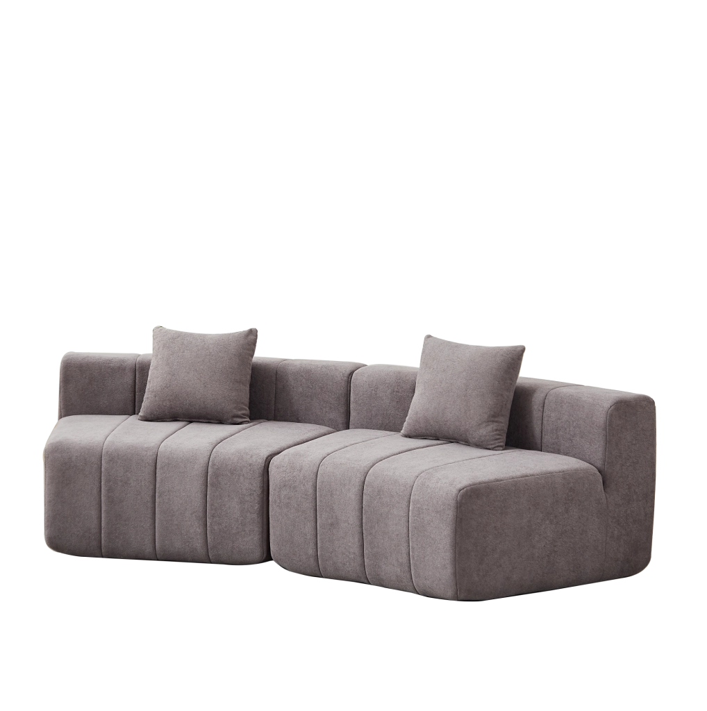 Modulo divano curvo modulare in chenille grigio con 2 cuscini, design a semicerchio