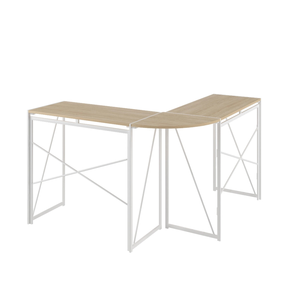 Scrivania angolare a L con struttura in metallo e piano in legno, finitura White Oak
