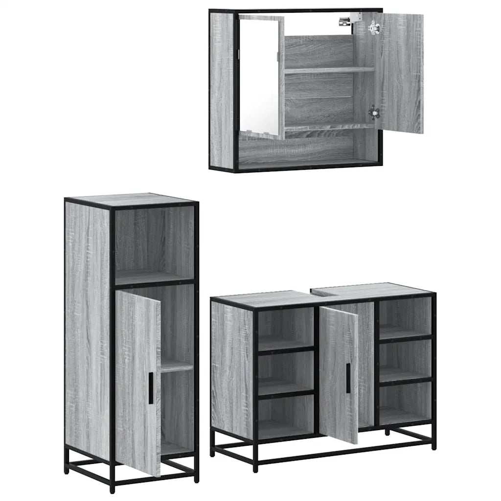 Set Mobili da Bagno 3 pz Grigio Sonoma in Legno Multistrato