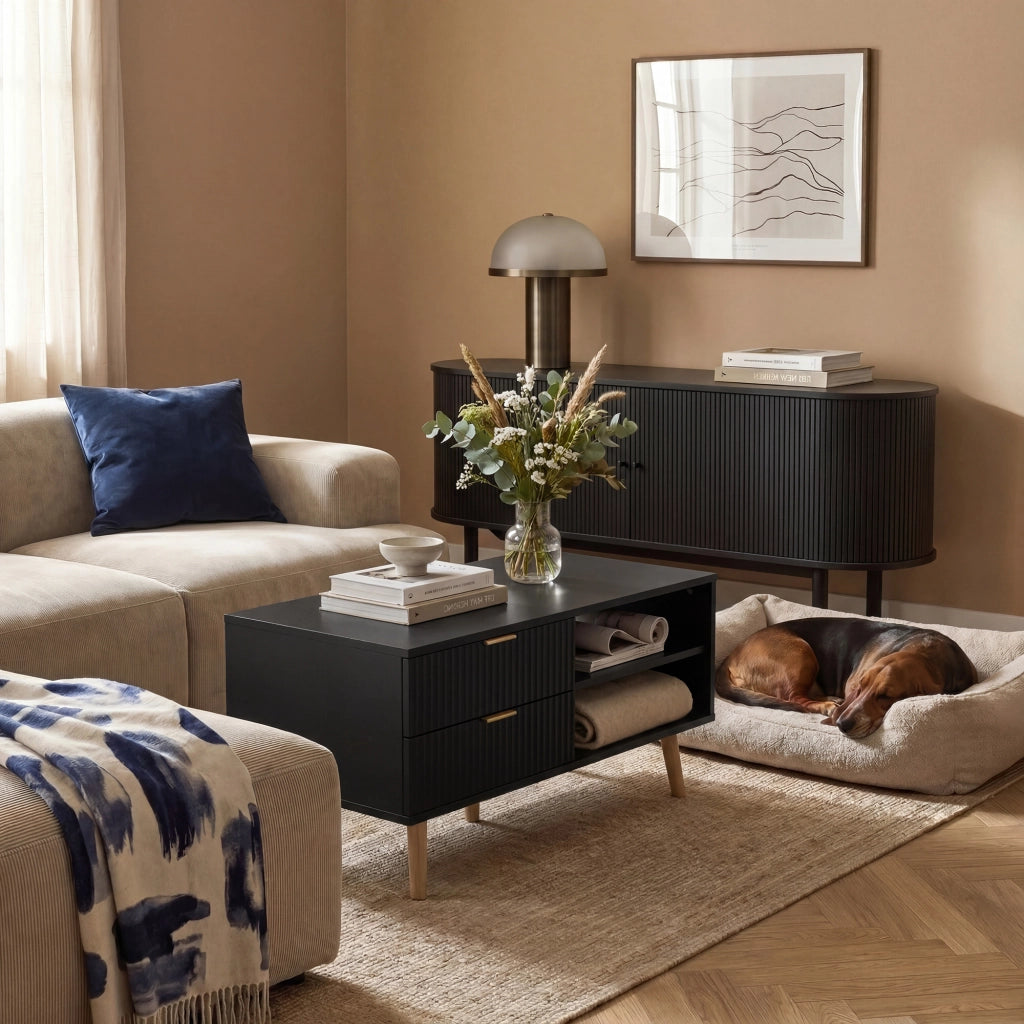 Tavolino da Salotto Nand con 2 Cassetti e 3 Scomparti Aperti 100 x 50 x 45 cm - Nero [en.casa]