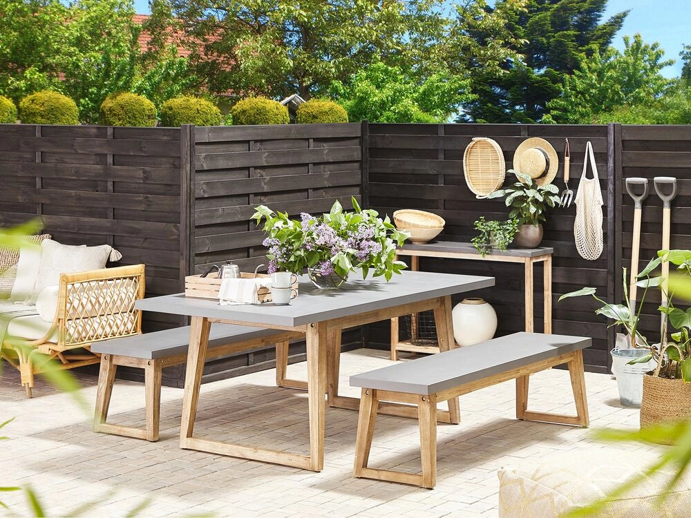 Set da pranzo per esterni in fibra di cemento grigio legno di acacia chiaro 6 persone tavolo 2 panche design moderno