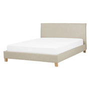 Letto rivestimento in tessuto beige Gambe in legno Dimensioni doppie 140 cm 6 a doghe con testiera Stile scandinavo minimalista