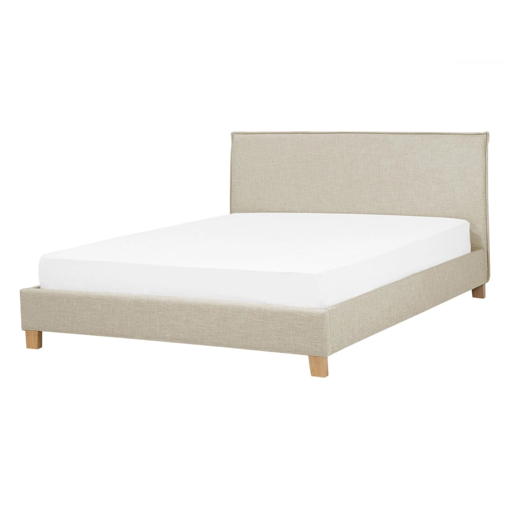 Letto rivestimento in tessuto beige Gambe in legno Dimensioni doppie 140 cm 6 a doghe con testiera Stile scandinavo minimalista