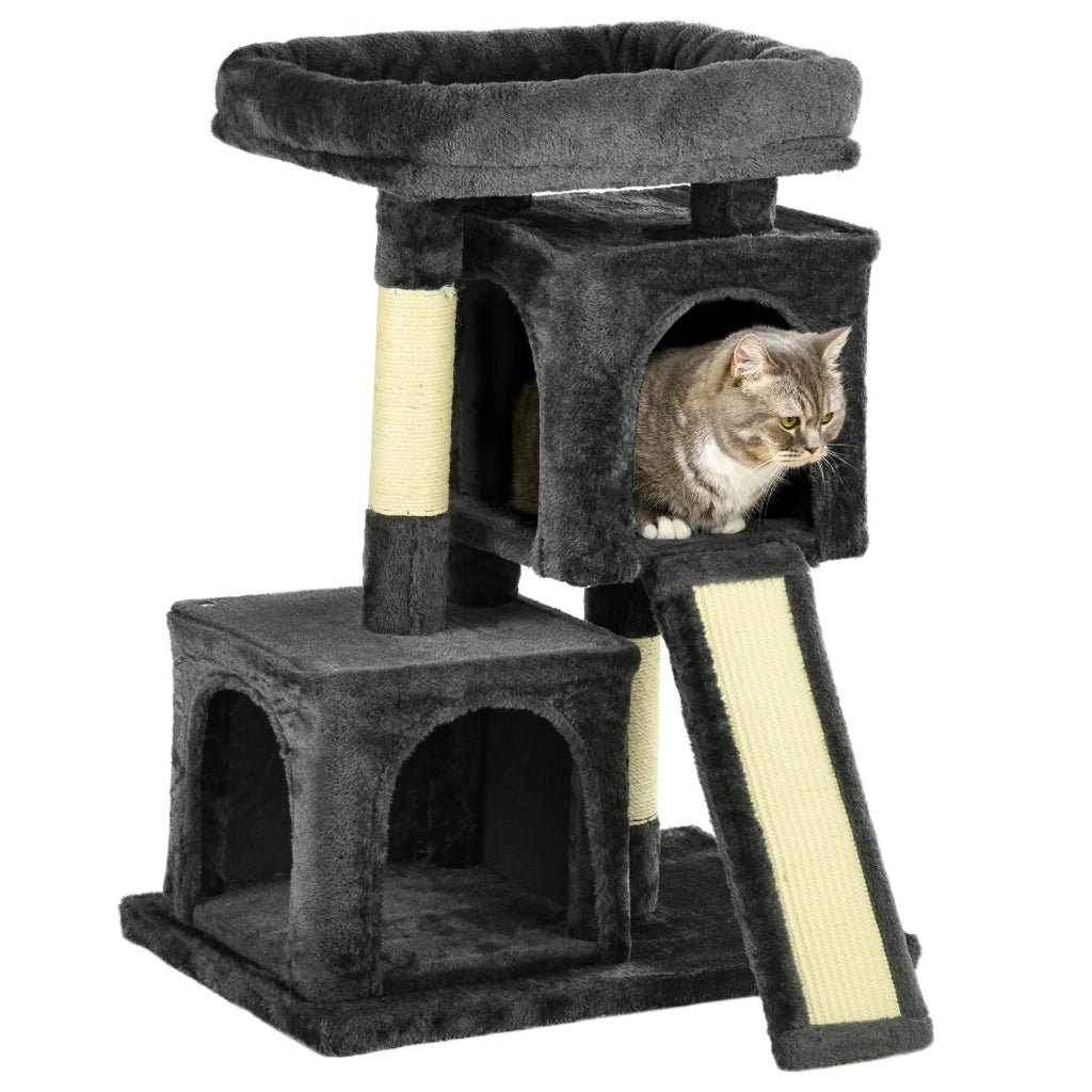 EasyComfort Albero Tiragraffi per Gatti con Pali in Sisal, Lettino e 2 Casette, 59x39x83cm, Grigio Scuro