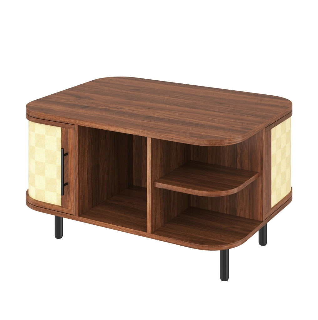 Tavolino da caff¨¨ 80x60x47 cm in MDF color noce con vani e armadietti laterali