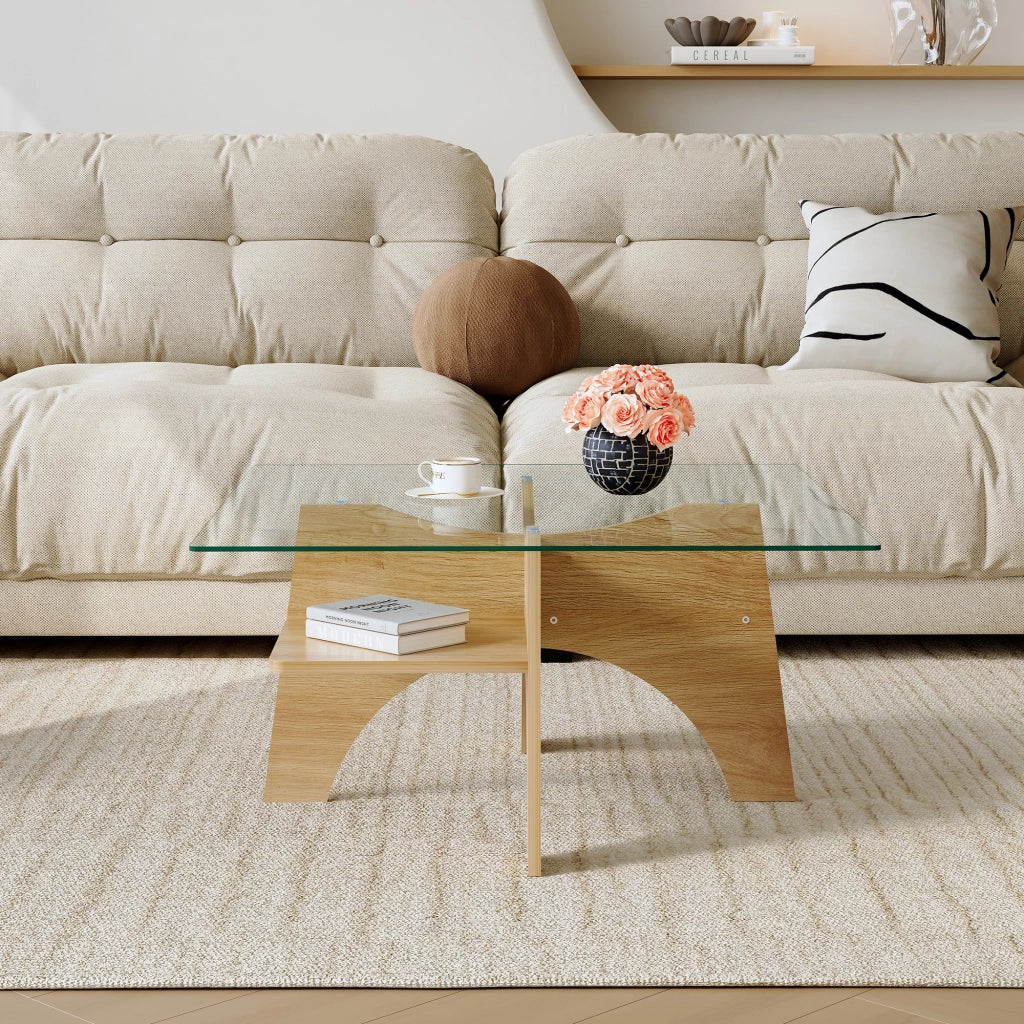 TAVOLINO Quadrato 80 cm Vetro temperato Trasparente e MDF Effetto legno chiaro