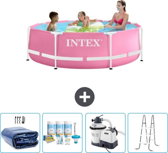 Piscina Rettangolare a Rondello - 244 x 76 cm - Rosa - Incluso Paracarro Solare - Kit Manutenzione - Pompa Filtro Piscina - Scale
